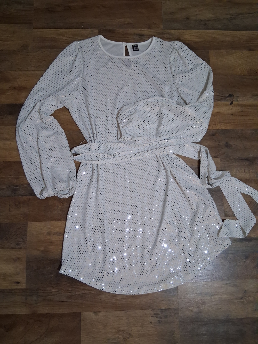 SHEIN White Long Sleeve Sequin Belted Mini Dress